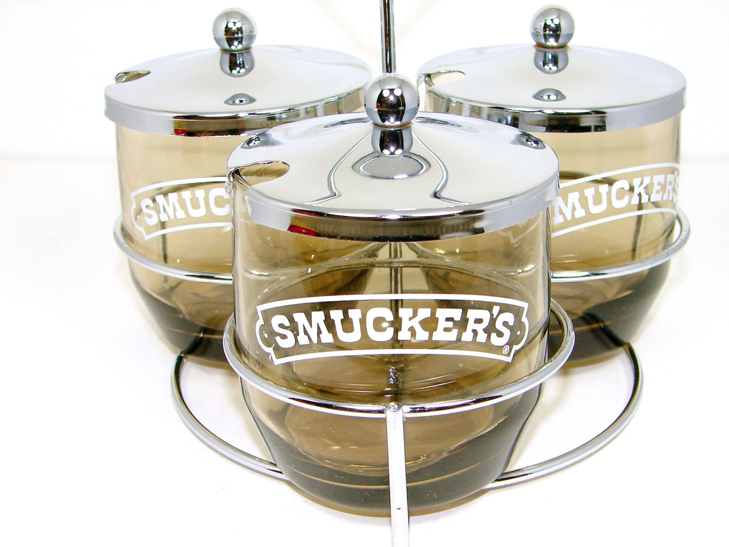 Smuckers Three Jar Jelly Server, Chrome Holder, Smuckers Jam Jars
