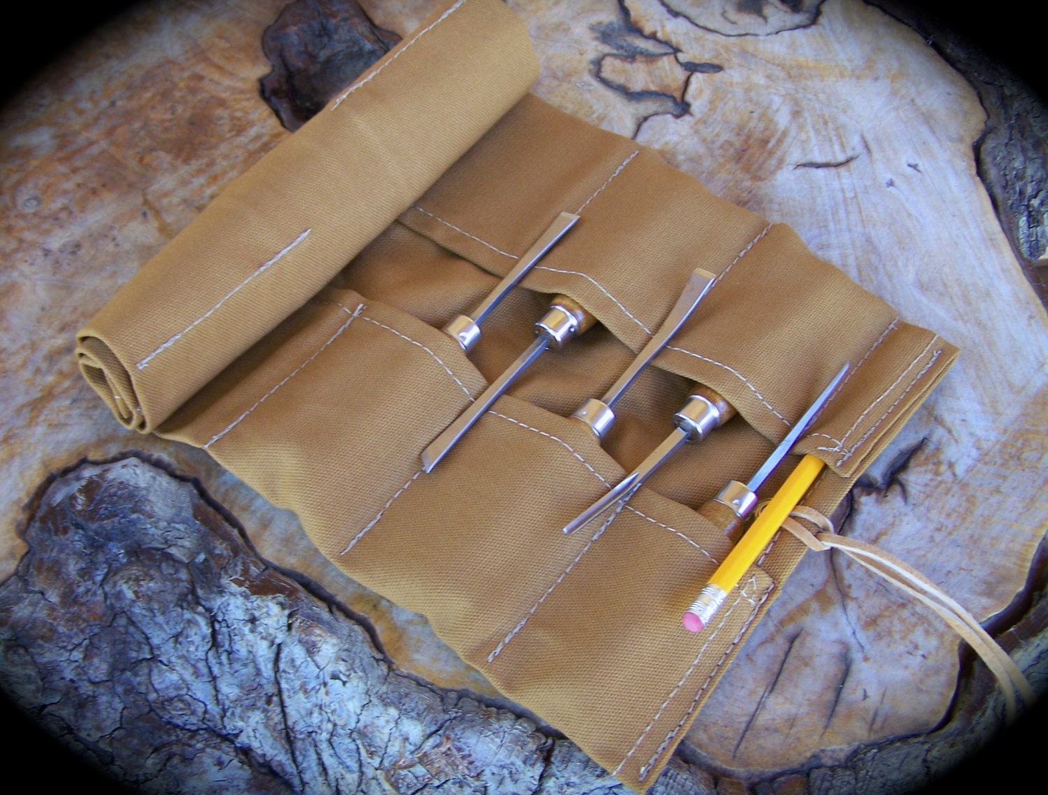 Small Tan Canvas Tool Roll for Wood Carvers by HbarNCraftworks