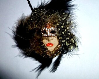 Carnivale. Feather mask. Polymer clay face necklace