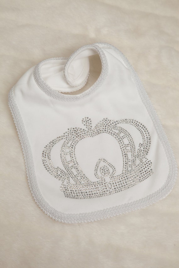 Royal Crown Bib White Baby Boy Bib with Rhinestone Crown