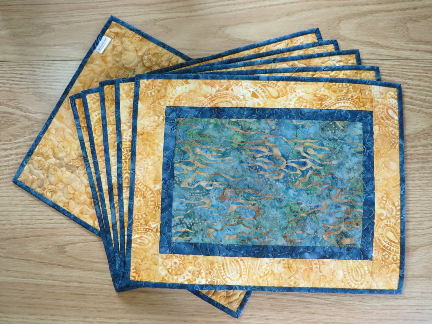Quilted Placemats Navy Landscape Batik Yellow 443