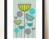 Home Décor, Abstract Floral, Seedheads and alliums, natural colours, retro Eames era, mid-century modern, Floral  giclee art print