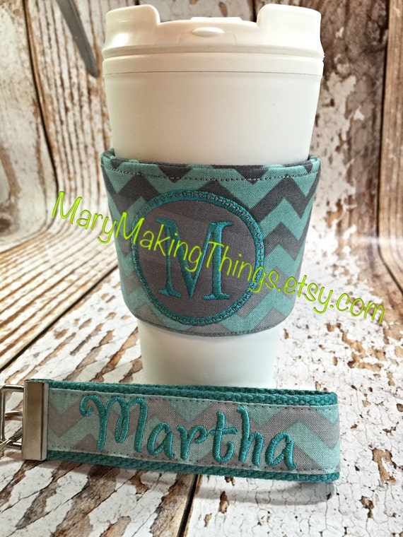 Monogrammed Coffee Mug Sleeve and Matching Key by MaryMakingThings