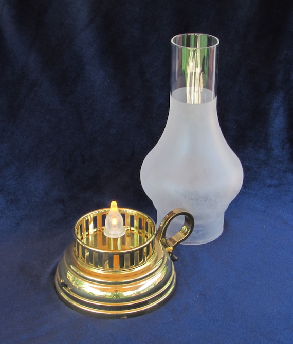 Faux Oil Lamp Brass Base with Frosted Glass Chimney