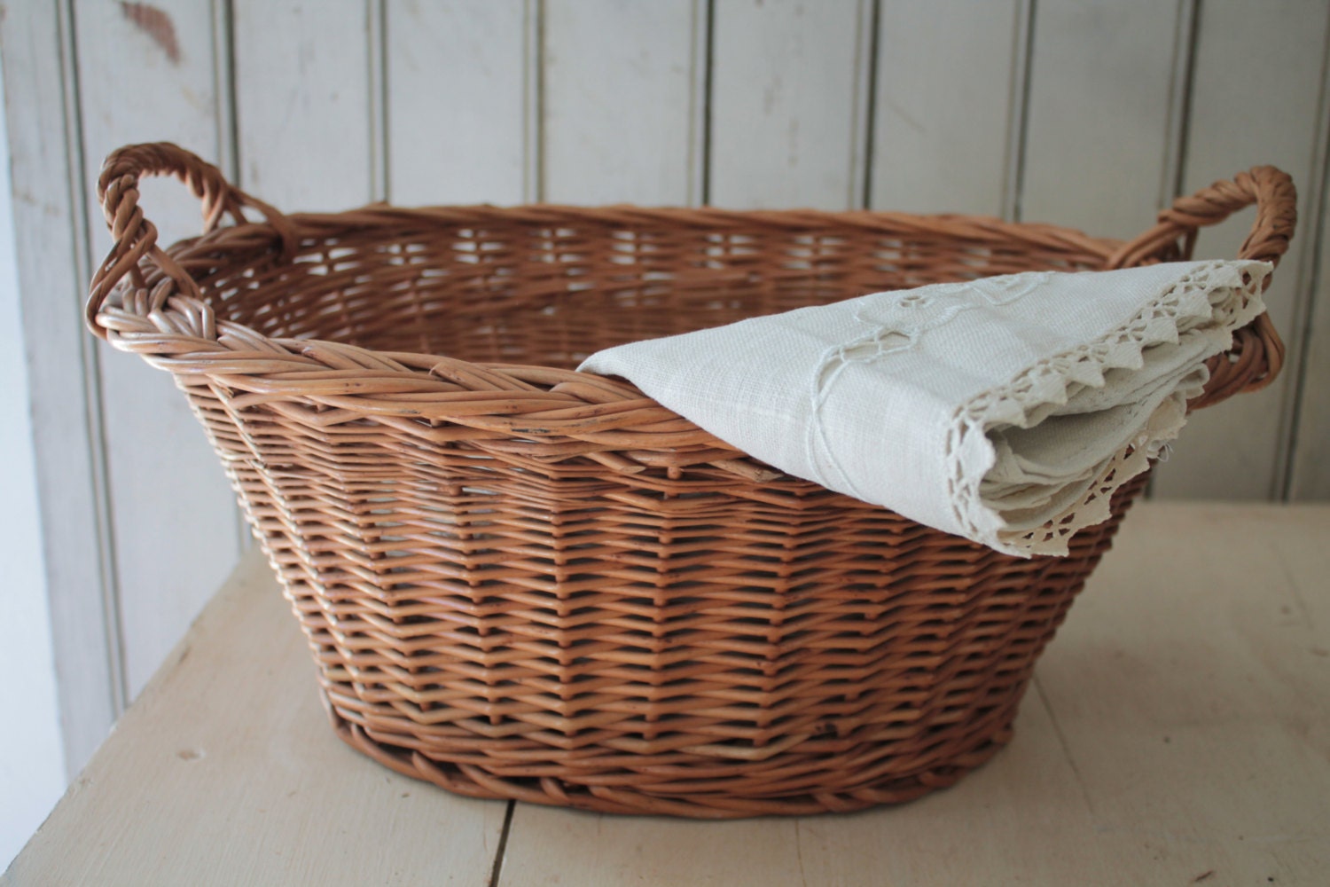 Vintage Linens In Vintage Basket