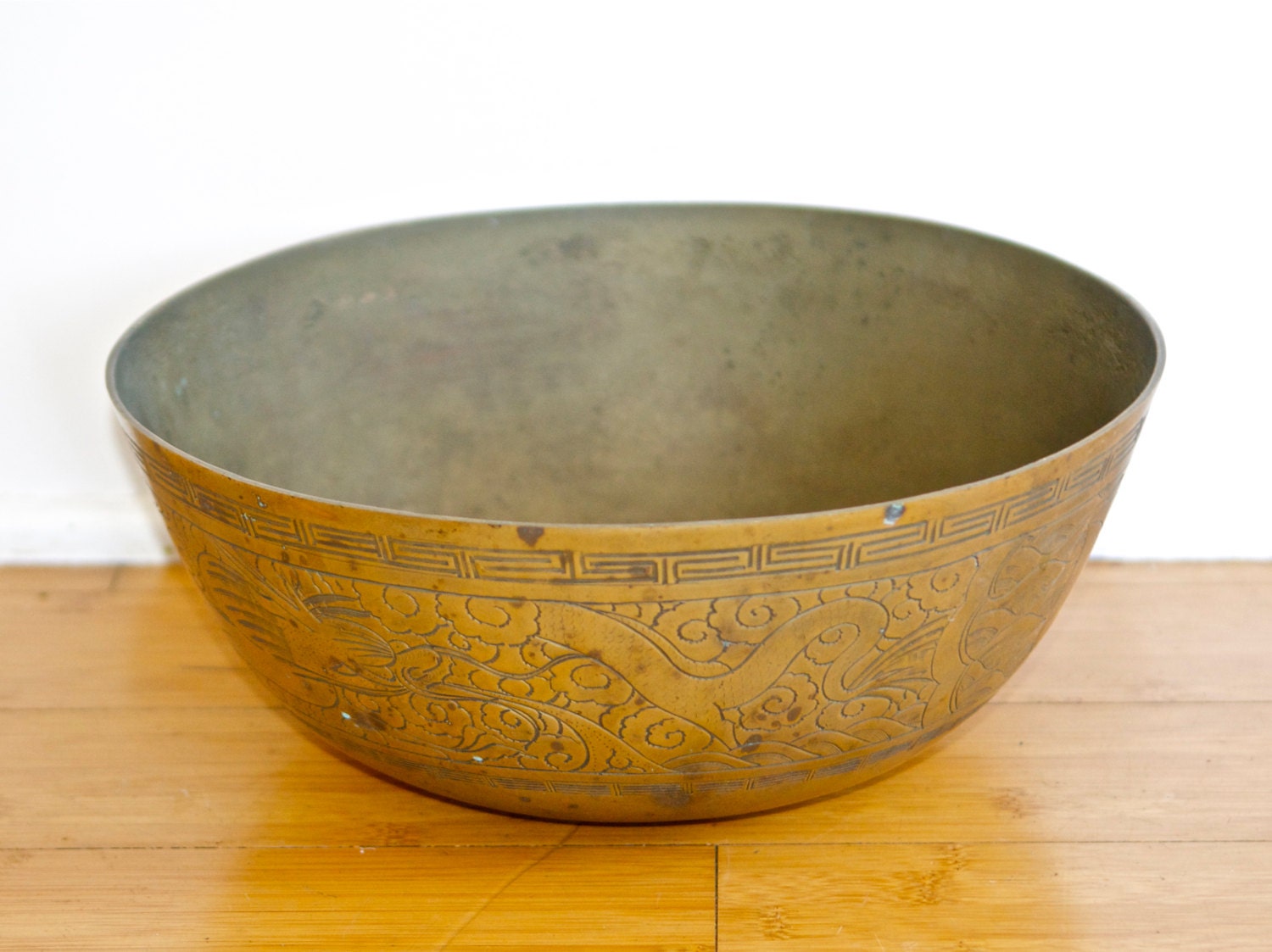 Large etched brass bowlAsian brass bowlsigned brass