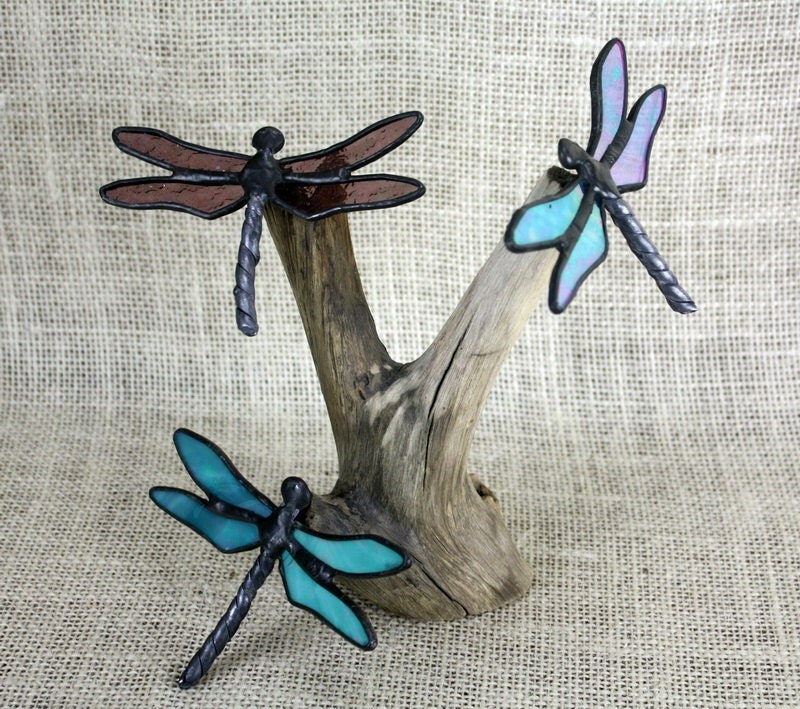 Iridescent Dragonfly Trio Stained Glass Sculpture Glass Art