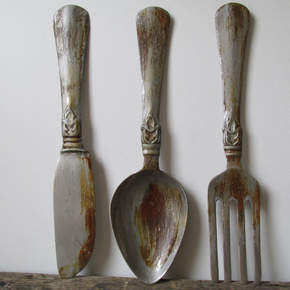 Pewter rusted spoon fork knife wall hanging Giant farmhouse