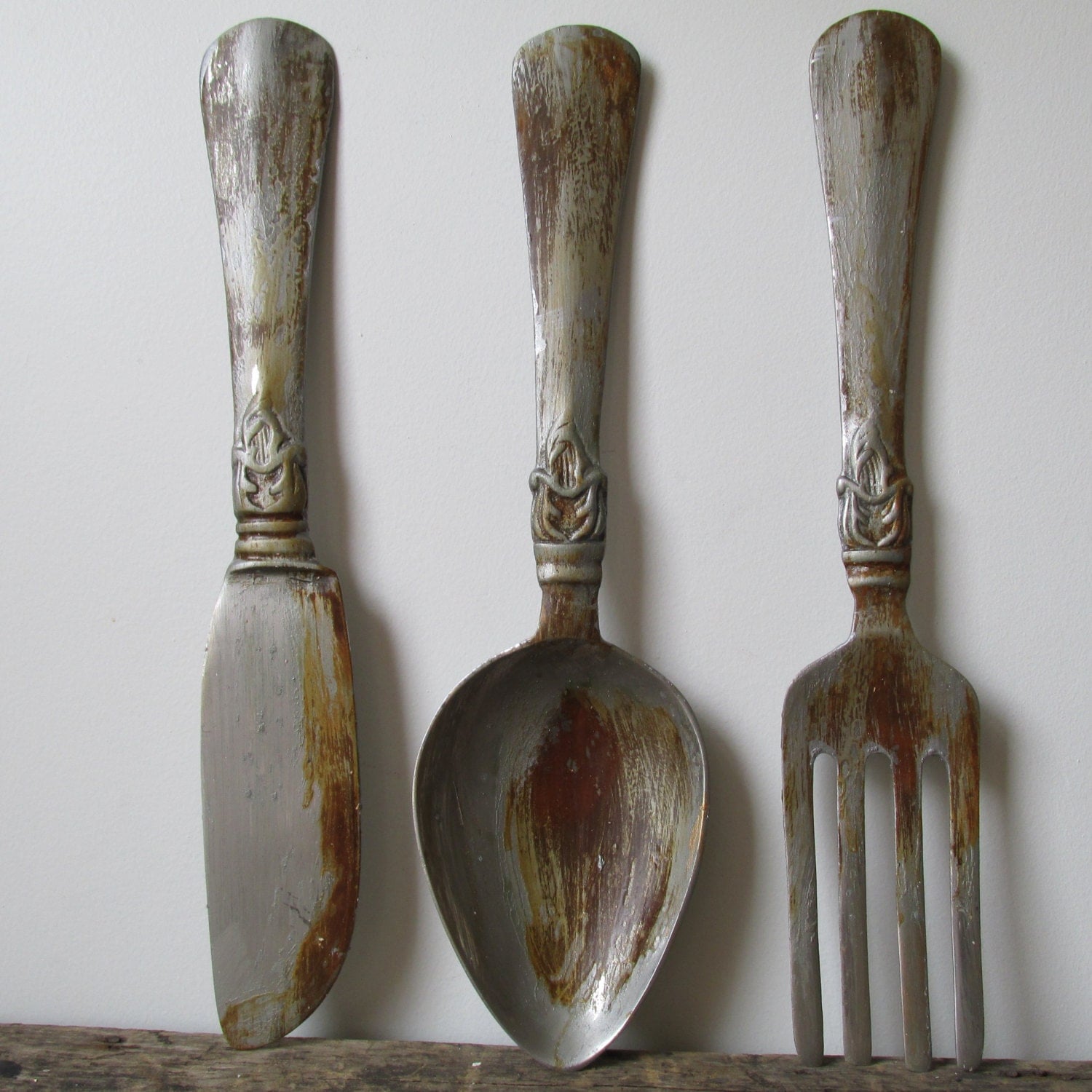 Pewter rusted spoon fork knife wall hanging Giant farmhouse