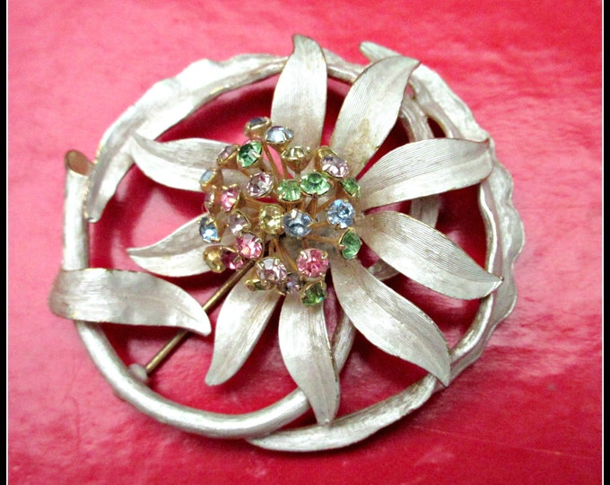 Enamel flower Brooch - white enamel on gold - colorful rhinestones -Floral pin