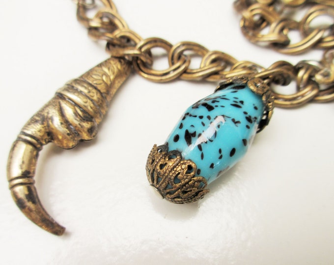 Brass Charm Bracelet - Turquoise blue art glass - unique brass charms- chain bangle