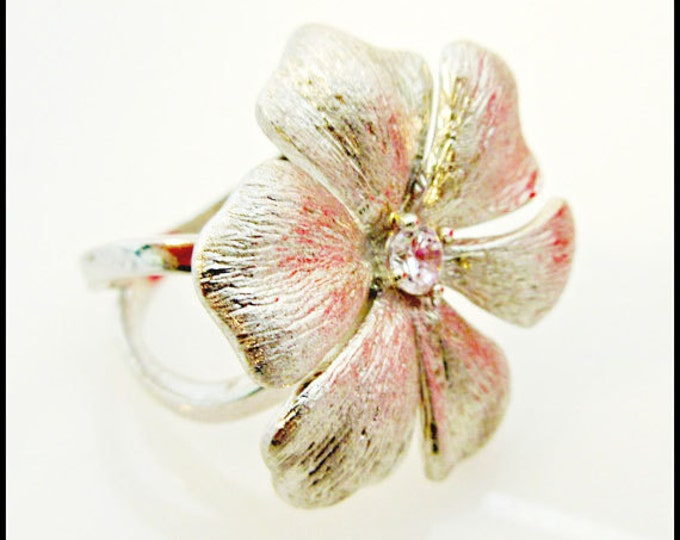 Sterling Ring - Silver daisy Flower - Clear Rhinestone - size 9 Boho Brass bangle - Gold Polka dot - black Enameling bracelet