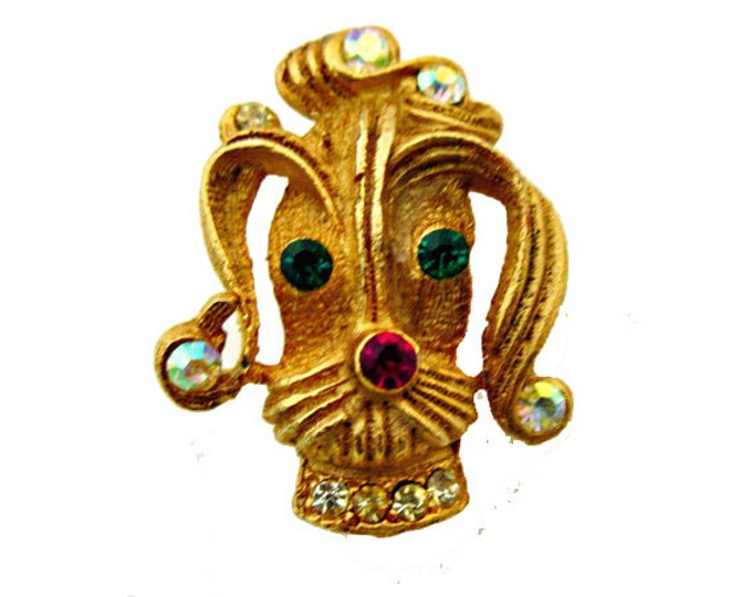 Poodle Dog Brooch - green red Rhinestone - gold tone puppy pin