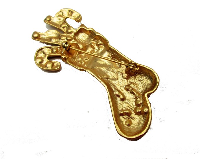 Christmas Stocking Brooch gold enamel and rhinestone pin