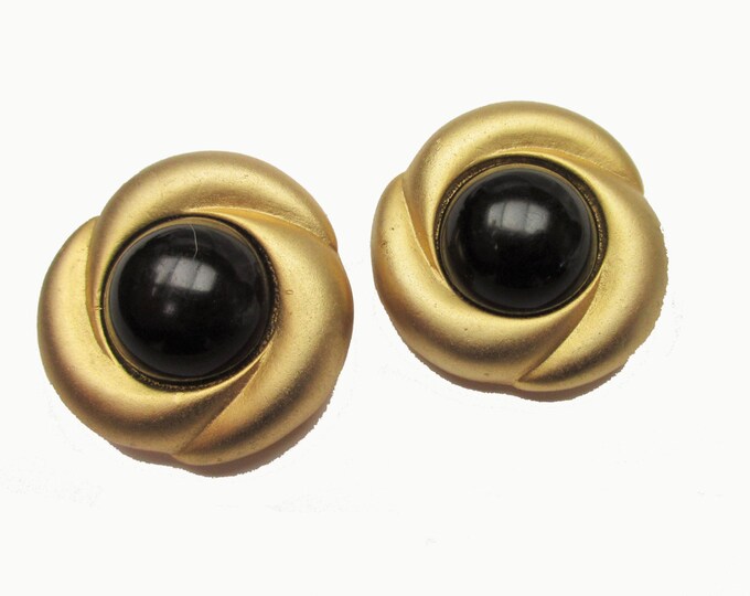 Norma Jean Earrings - Gold Black -round button - Clip On earrings
