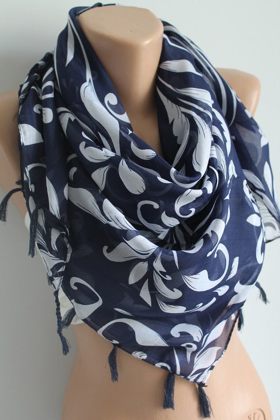 Navy Blue Square Scarf Tassel Oversize by ElegantScarfStore