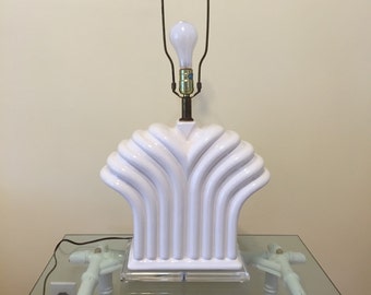 Sale! LUCITE AND PORCELAIN Lamp Large White Porcelain and Lucite Table Lamp Fleur De Lis Abstract Hollywood Regency Lamp at Ageless Alchemy