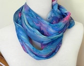 Long silk scarf hand painted deep pink and shades of blue, crepe silk scarf #408, ready to ship, rainy garden window