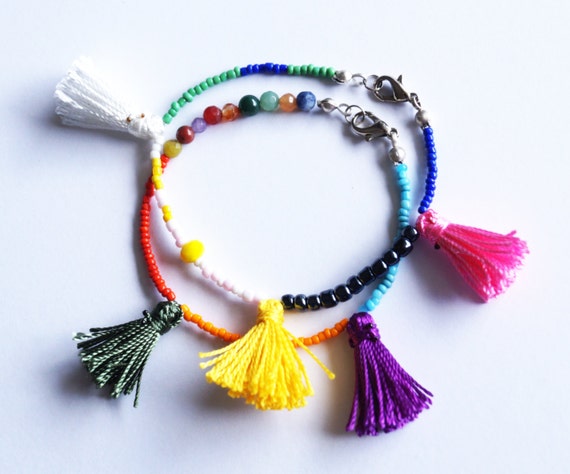 Items similar to Multicolor tassel bracelet with natural gemstone, boho ...