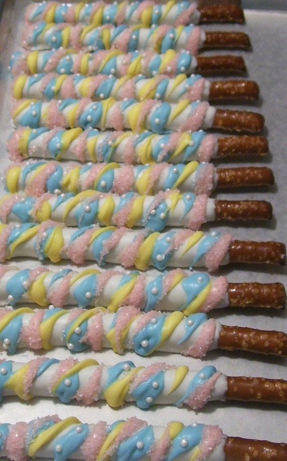 Chocolate Covered Pretzel Rods Baby Shower Favors by MarieGrahams