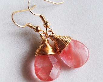 Pink Coral Earrings , Pink Gold Dangle Earrings , Cherry Quartz Earrings , Wire Wrapped Pink Earrings