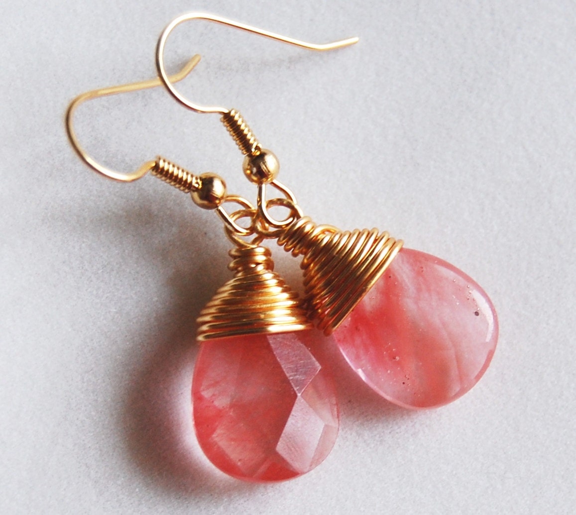 Pink Coral Earrings Pink Gold Dangle Earrings Cherry