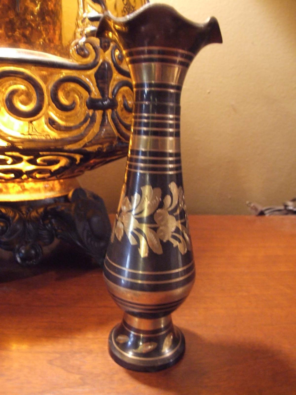 Floral Black and Gold Brass Bud Vase 7 3/4 tall