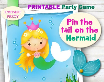 PIN THE TAIL on the Mermaid (Blonde) - Printable party game. instant Download, Digital Product.