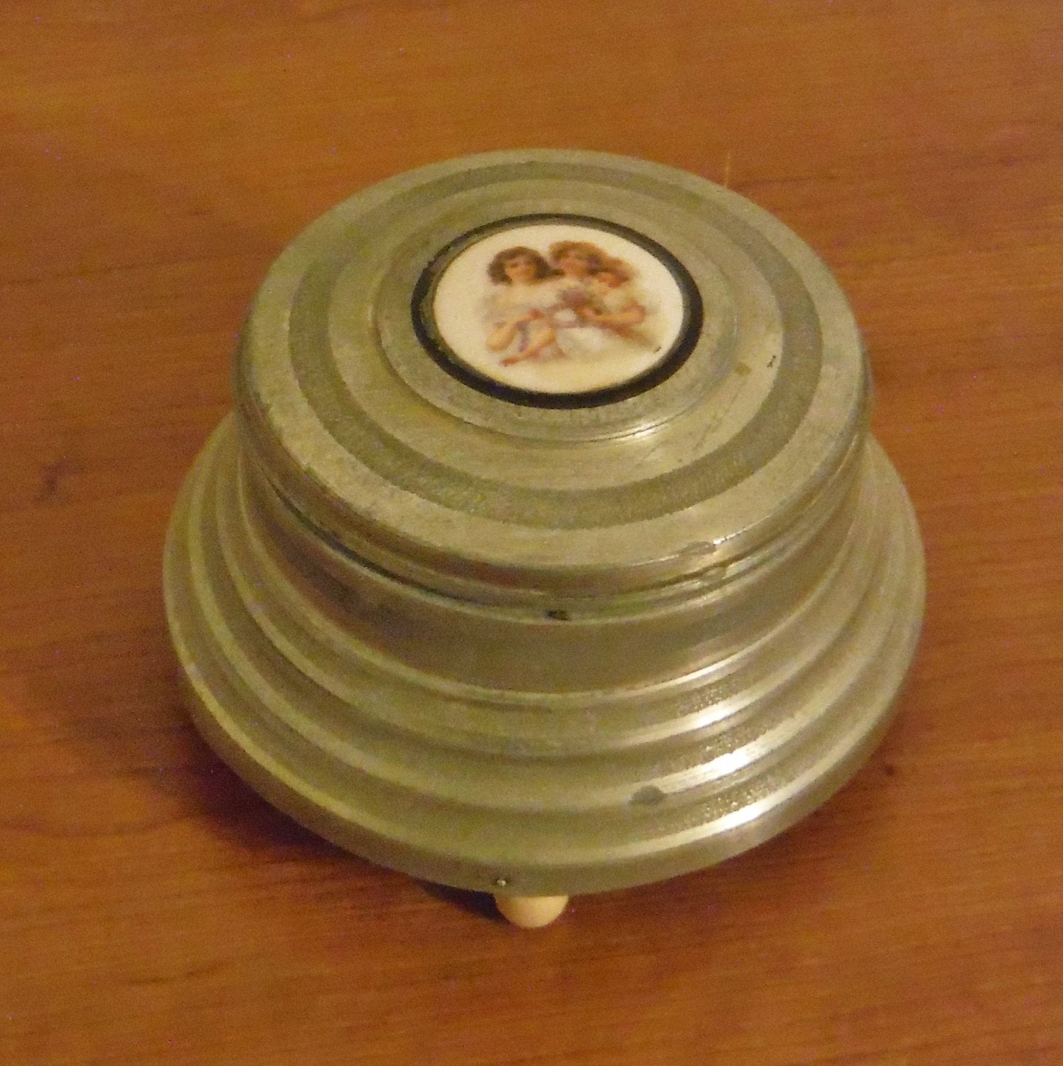 Vintage powder puff holder/ music box by recycledwithcare on Etsy