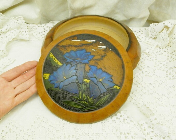 Large Vintage French Art Deco Faceted Wooden Box With a Scene of the Alps and Mountain Bog Gentian / Art Deco Decor / Holiday Souvenir Retro Large Vintage French Art Deco Faceted Wooden Box With a Scene of the Alps and Mountain Bog Gentian / Art Deco Decor / Holiday Souvenir Retro