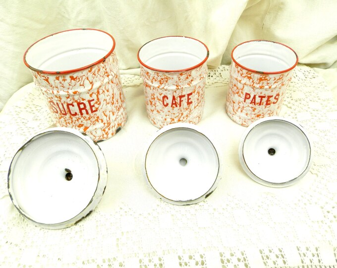 Antique 3 Piece French Red and White Marbled Enamel Canister Set, Enamelware Cannisters from France, Art Deco Kitchenware, Country Kitchen