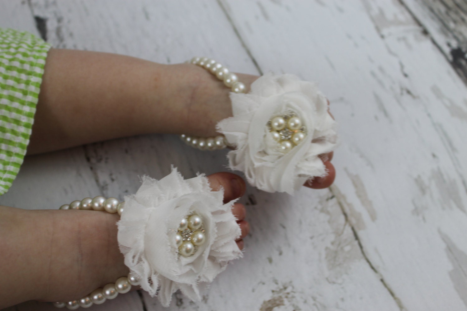 White Baby Girl Barefoot Sandals Pink Aqua Ivory Baby Pearl