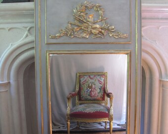 French Trumeau Mirror French Gray & Gold Gilt Leaf Carved Wreath and Musical Instruments
