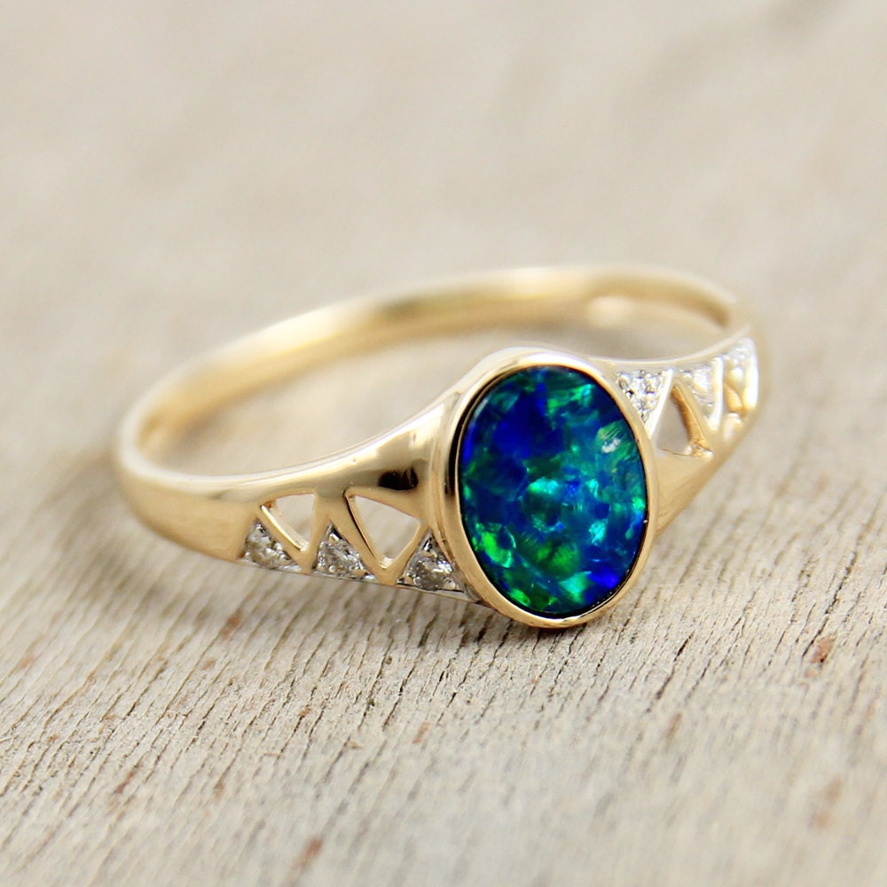 Black Opal & Diamond Ring 14k Gold Natural Australian Opal