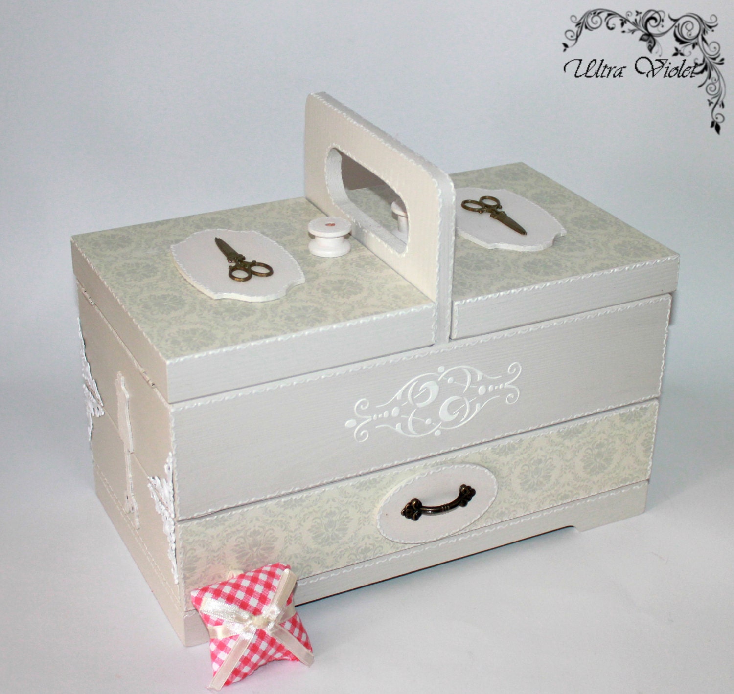 Sewing  knitting needles box with pin cushion sewing machine
