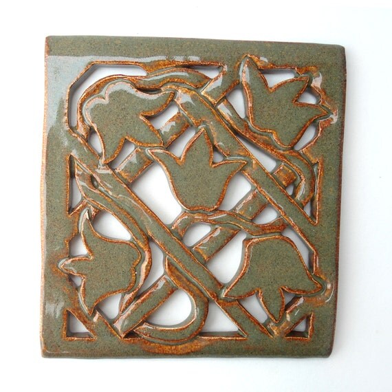 Pottery trivet with tulips Hand carved ceramic trivet Hunter