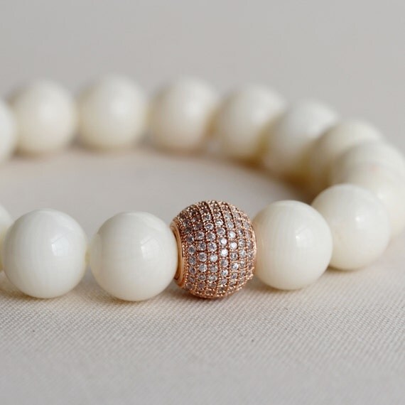 Coral and Rose Gold Cz Pave Ball Beaded Bracelet by TheGoosle