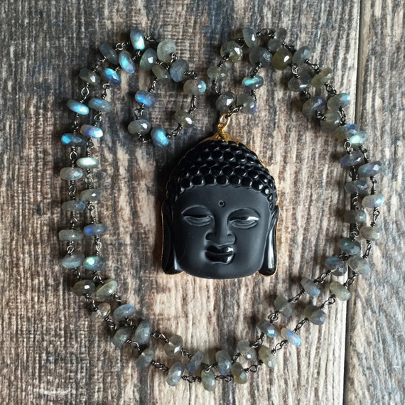 Obsidian Buddha Labradorite Necklace