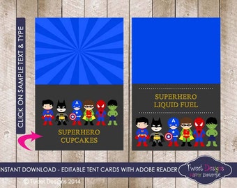 SUPERHERO Buffet Tent Card, Instant Download SUPERHERO Food Labels, Editable Buffet Tent Cards, Superhero Party, Edit with Free Adobe Reader