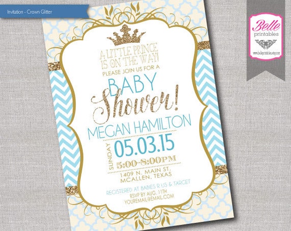 Baby Shower Invitation Prince Crown for Boy and Gold Glitter