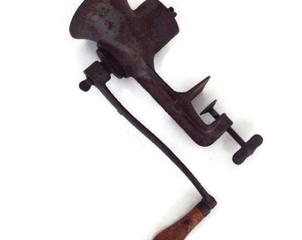 Antique Meat Grinder Puritan Old Rusty Cast Iron 1800's Wood Handle Vintage Kitchen Food Chopper Rustic Farmhouse Home Decor