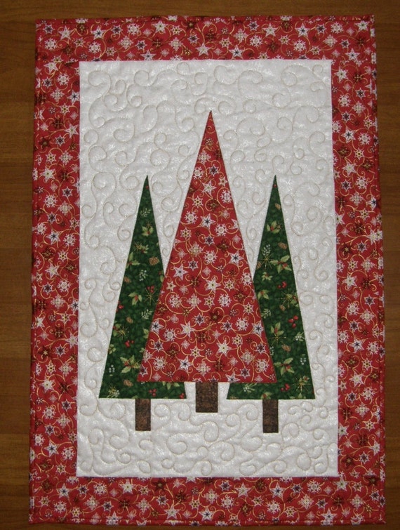Christmas Trees Quilted Wall Hanging Red Green Quilt Quilted