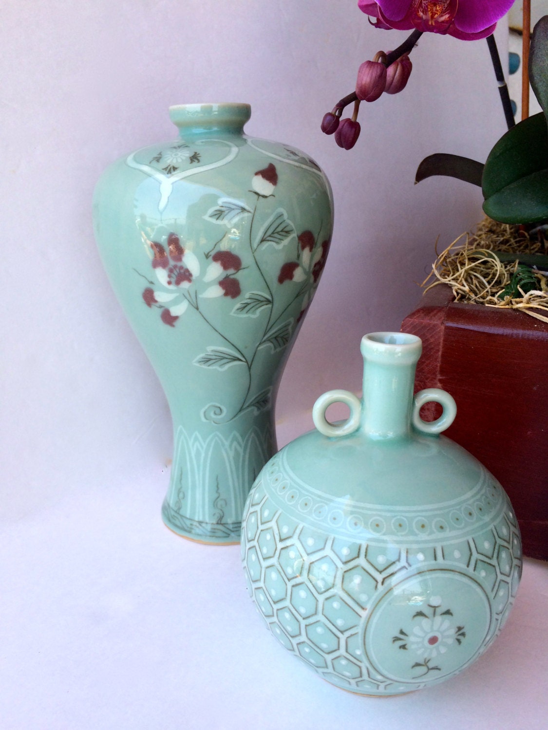 Pair Korean Celadon Porcelain Vases Vintage Porcelain Wedding
