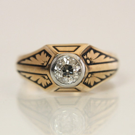 Men's Antique Old European Cut Diamond Ring 14K Rose Gold Size 9 Black ...