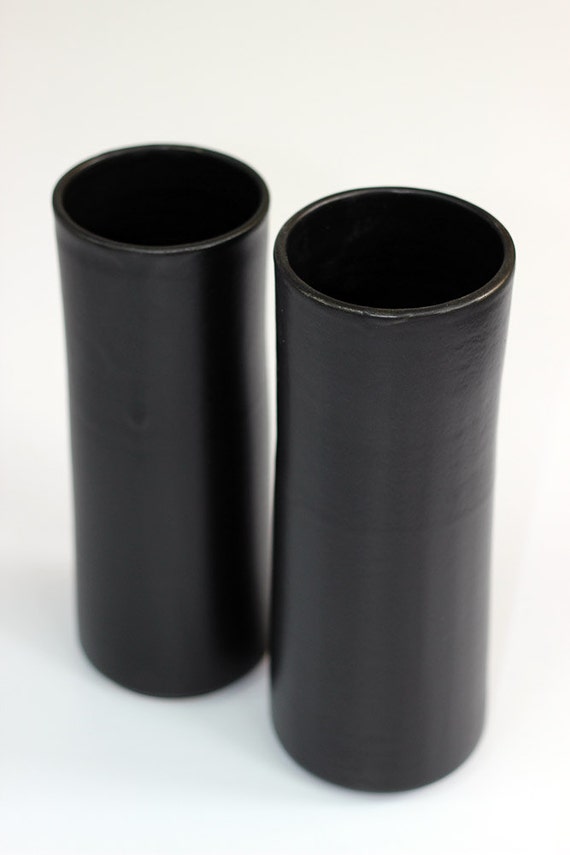 Very Black Tall Ceramic Vase for flowers Cylinder by SigalitBreuer