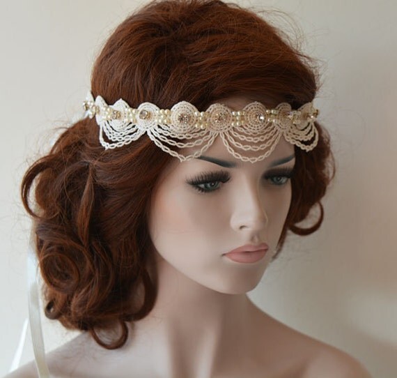 Items similar to Rustic Lace Wedding Headband, Ivory Lace Headband