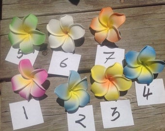 Plumeria/Frangipani Hair Clips Or Wrapped Rubber Band Flowers..Choose From Any Of These Colors. APPROXIMATELY 2.5" - 3"