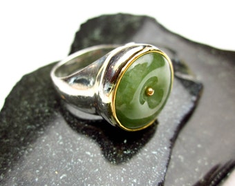 1920s Large Bi Eternity Circle Jadeite Gem, Signet Ring, 14K & 925 Sterling, Natural Color Jade Set ca.1992 by Tampico SF.