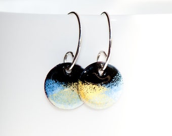 Sweet Small Half Inch Enamel Earrings, Blue Yellow Black, Glass on Copper, Handmade Sterling Silver Ear Wires, Torch Fired Enamel Earrings
