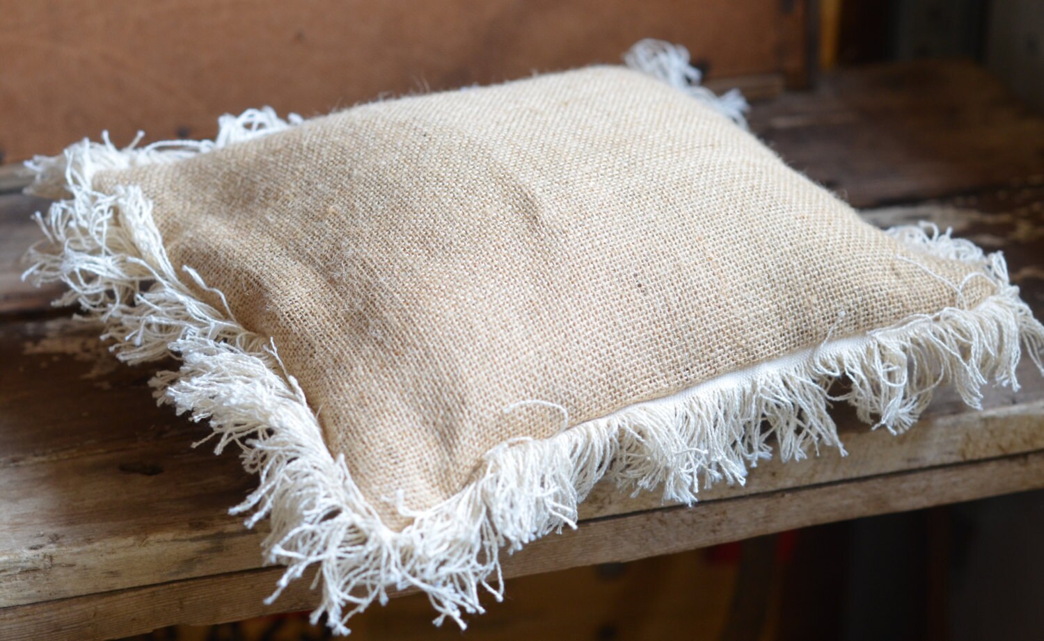 burlap ring bearers pillow with fringe by ShyMyrtle on Etsy